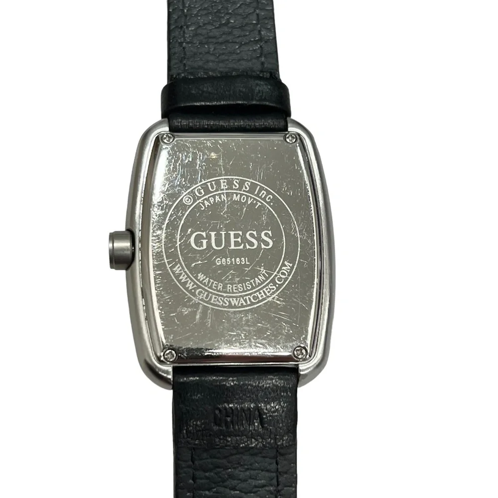 GUESS BLACK TANK WATCH w RECTANGLE FACE & PAVE CRYSTAL BEZEL & LEATHER STRAP